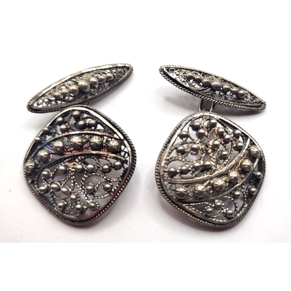 Antique Cufflinks Men Silver Tone Double-Sided Chain Link Ornate Filigree